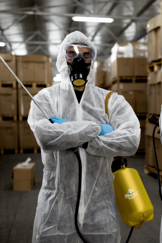 Homem em uma postura séria mostrando profissionalismo, com equipamentos corretos para dedetização e postura de trabalho bem feito
