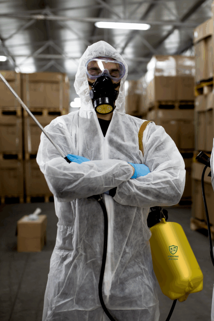 Homem em uma postura séria mostrando profissionalismo, com equipamentos corretos para dedetização e postura de trabalho bem feito